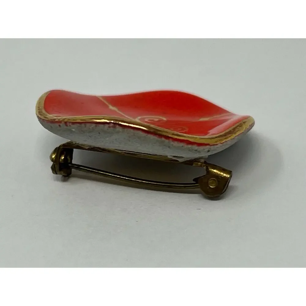 Vintage Milvern Co. Brooch – Hand-Painted Red & Gold Scroll Design, Mid-Century